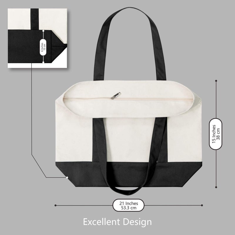 TOPDesign 3-Pack Canvas Tote Bags with an External Pocket, Reusable Grocery Shopping Bags, Top Zipper Closure, Daily Essentials (Black/Natural) - Image 5